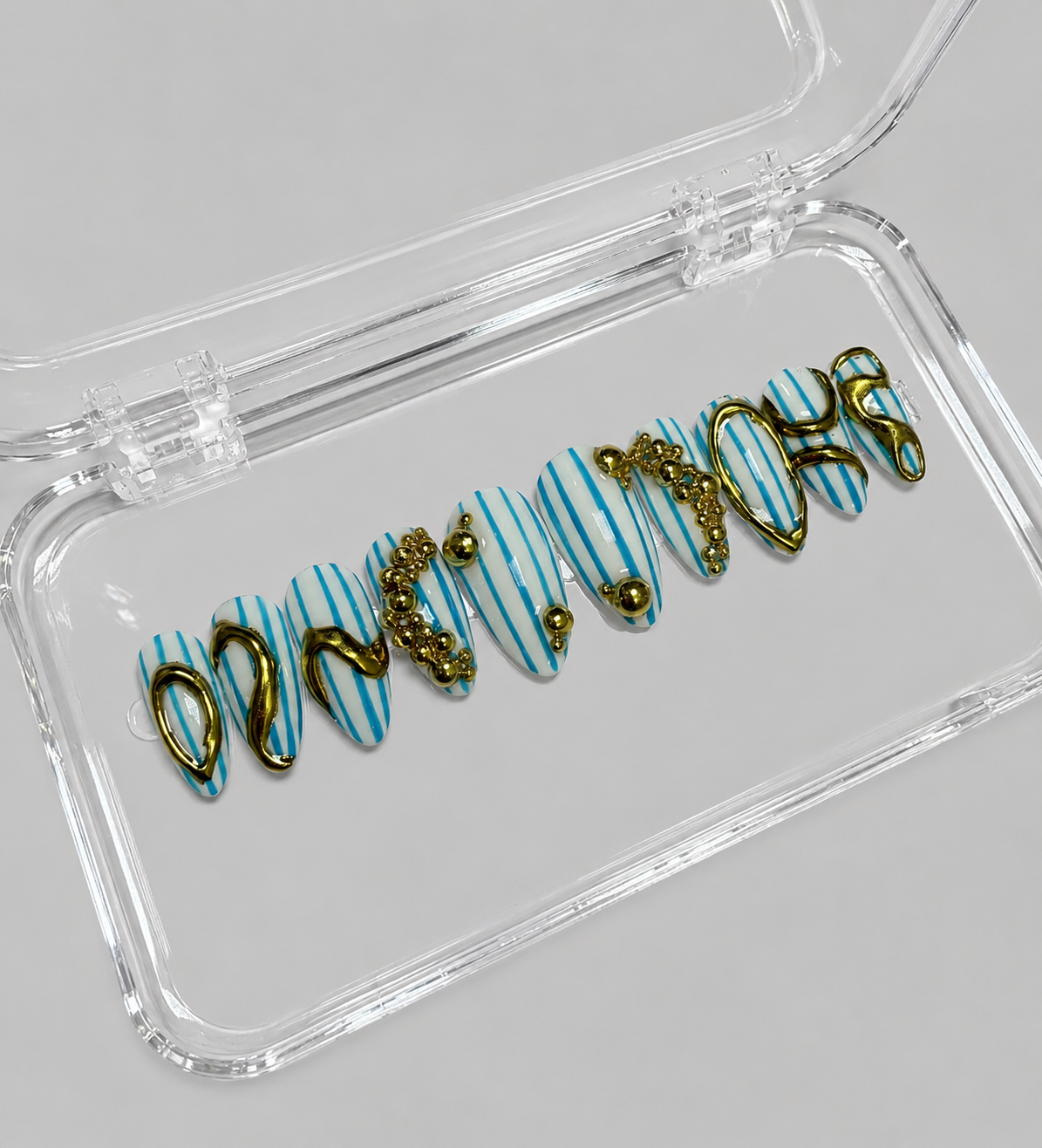 Give Me The Blues (RTS) - Blue Stripe & Gold Chrome Luxury Soft Gel Press-On Nails Set