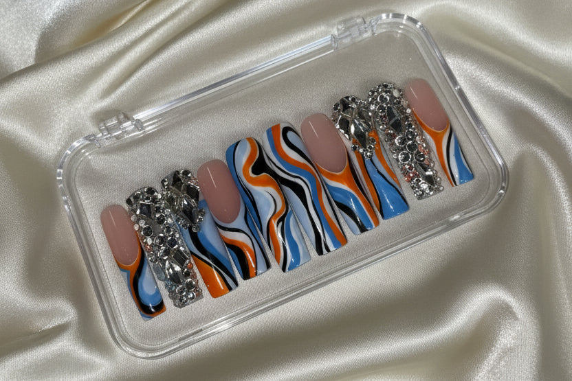 Pressure Print (RTS) – Pucci‑Inspired Ready‑to‑Ship Press‑On Nails | Handmade Soft Gel | XL Tapered Square