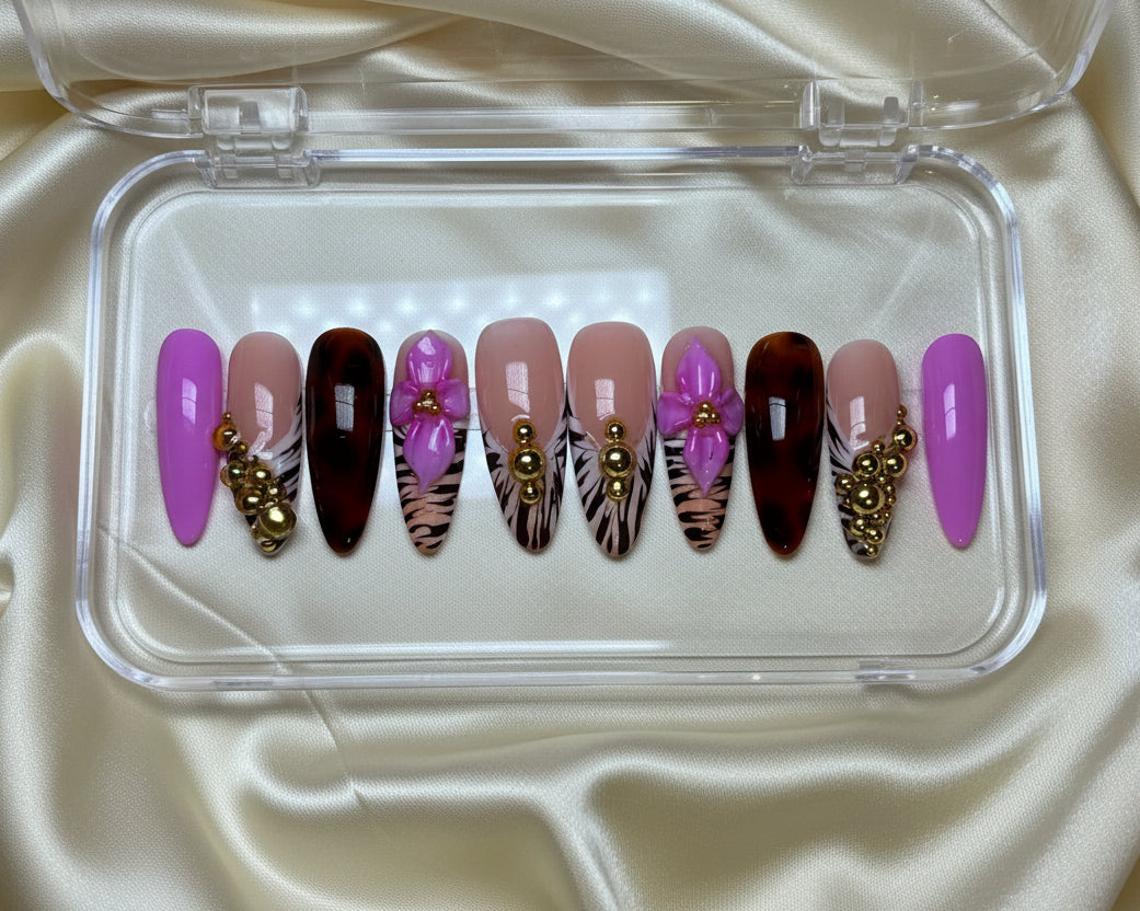 Sweet N’ Fierce (MTO) – Pink, Tortoiseshell & Gold Luxury Soft Gel Press-On Nails Set