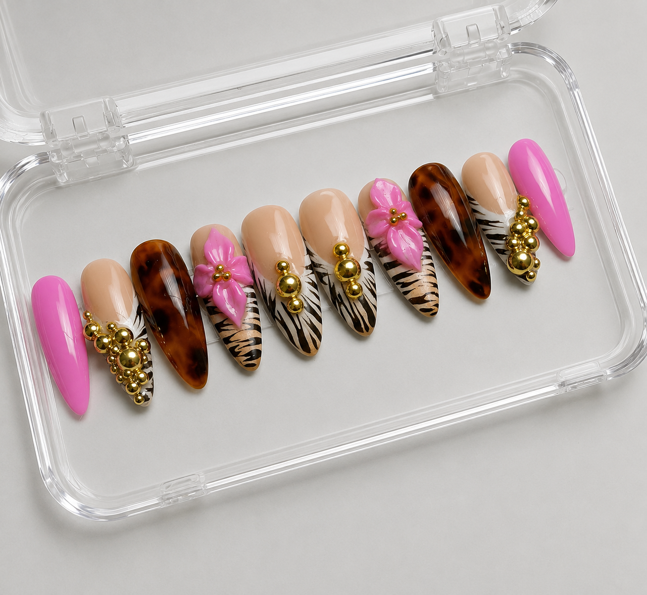 Sweet N’ Fierce (MTO) – Pink, Tortoiseshell & Gold Luxury Soft Gel Press-On Nails Set