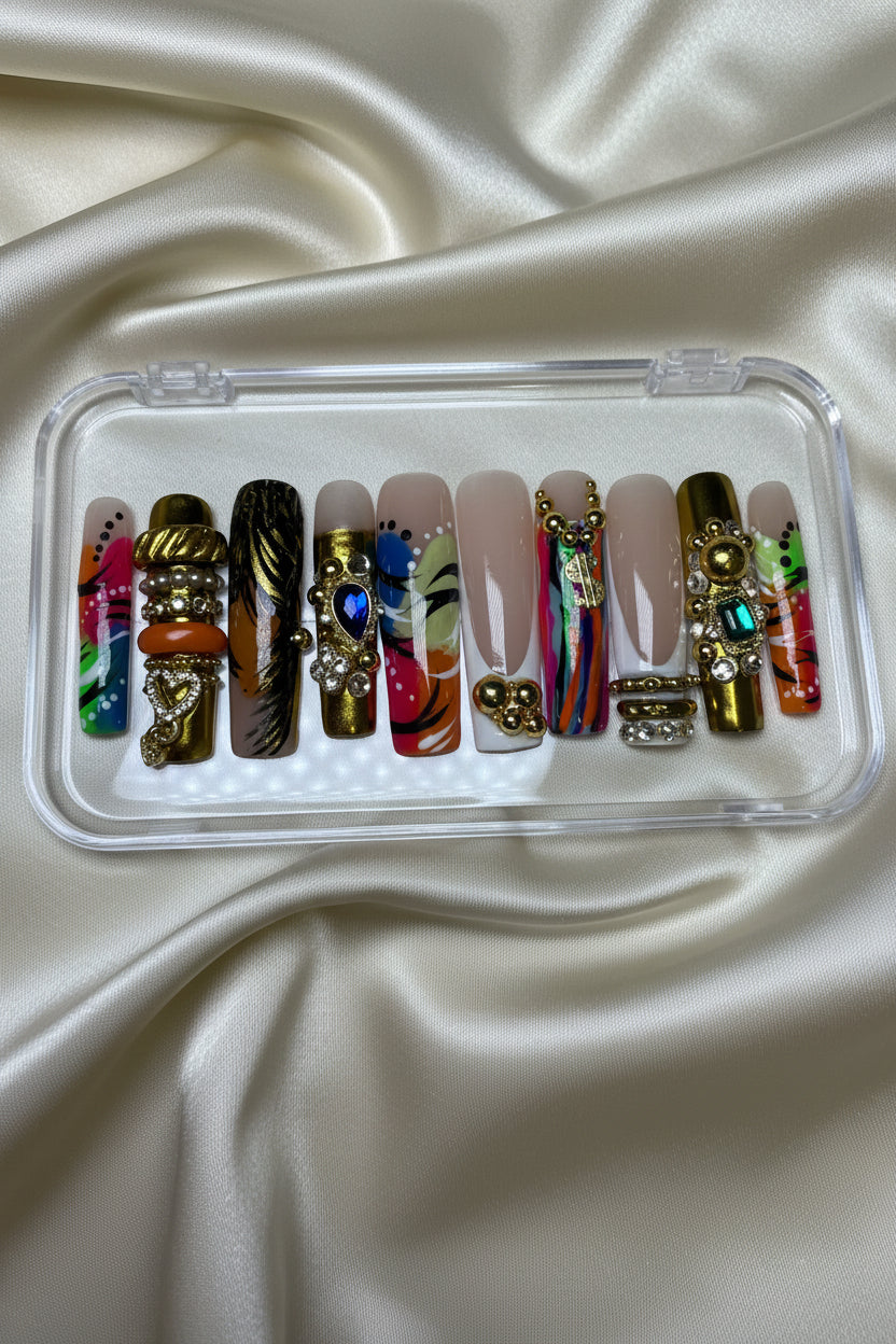 Flyy Girl (MTO) – Gold Chrome, Crystal Embellished Luxury Soft Gel Press-On Nails Set