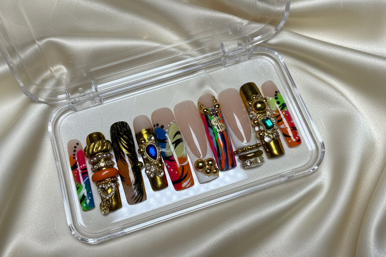 Flyy Girl (MTO) – Gold Chrome, Crystal Embellished Luxury Soft Gel Press-On Nails Set