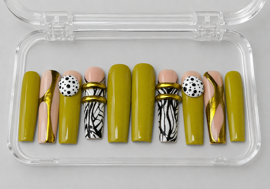 Groovy Nights (MTO) - Olive, Nude & Gold Luxury Soft Gel Press-On Nails Set