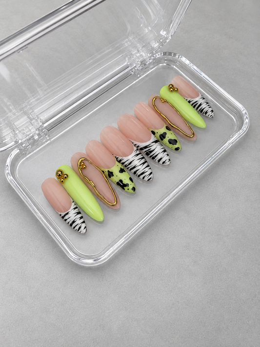 Get Me (MTO) - Nude, Lime Green & Zebra Print Luxury Soft Gel Press-On Nails Set
