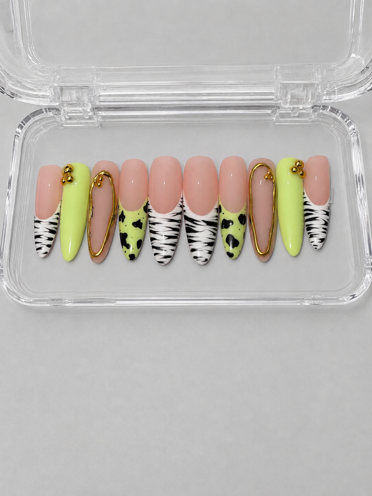 Get Me (MTO) - Nude, Lime Green & Zebra Print Luxury Soft Gel Press-On Nails Set