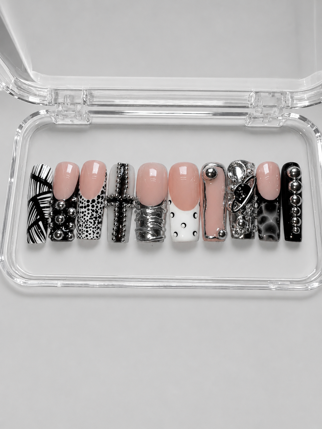Give Me Space (MTO)  – Smoky Grey, Black & Metallic Luxury Soft Gel Press-On Nails Set