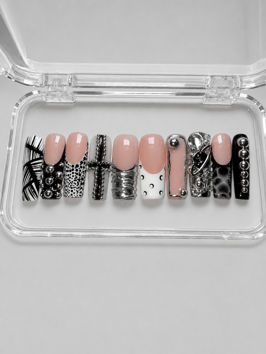 Give Me Space (MTO)  – Smoky Grey, Black & Metallic Luxury Soft Gel Press-On Nails Set