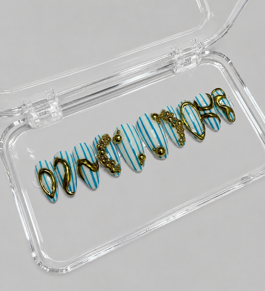 Give Me The Blues (MTO) - Blue Stripe & Gold Chrome Luxury Soft Gel Press-On Nails Set