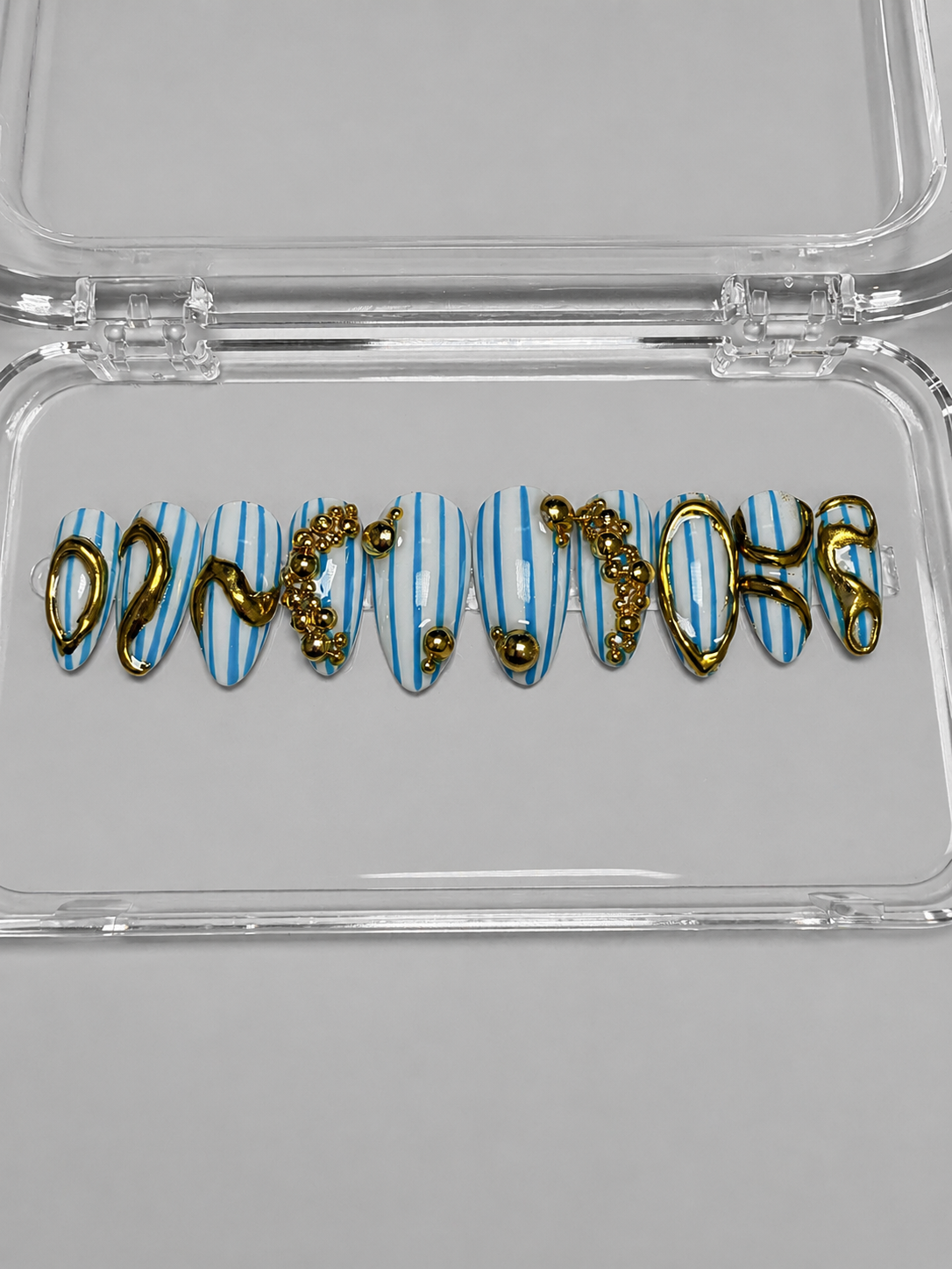 Give Me The Blues (RTS) - Blue Stripe & Gold Chrome Luxury Soft Gel Press-On Nails Set