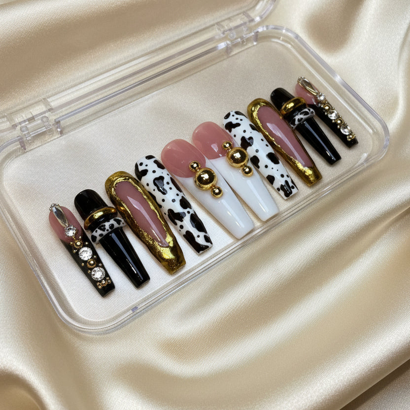 Gold N' Boujee (MTO) - Gold, Black & Cow Print Luxury Soft Gel Press-On Nails Set