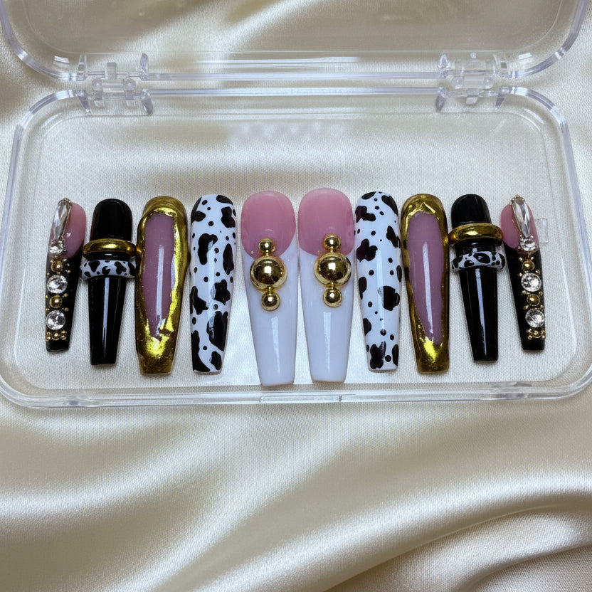 Gold N' Boujee (MTO) - Gold, Black & Cow Print Luxury Soft Gel Press-On Nails Set