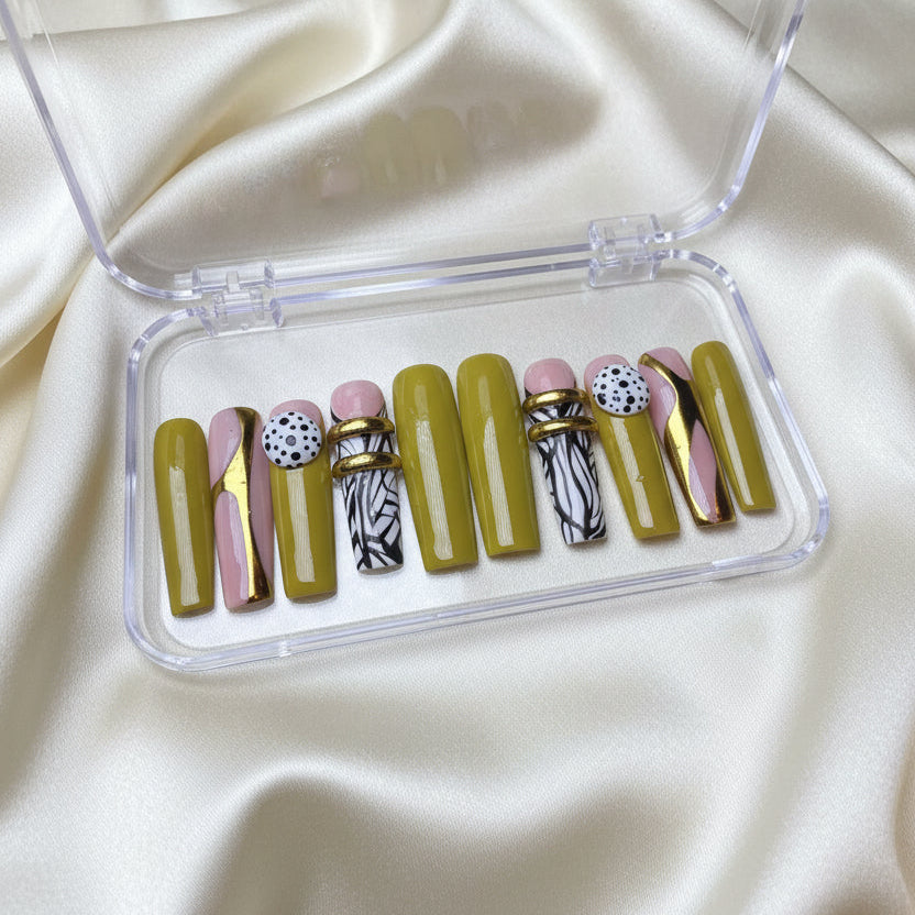 Groovy Nights (MTO) - Olive, Nude & Gold Luxury Soft Gel Press-On Nails Set