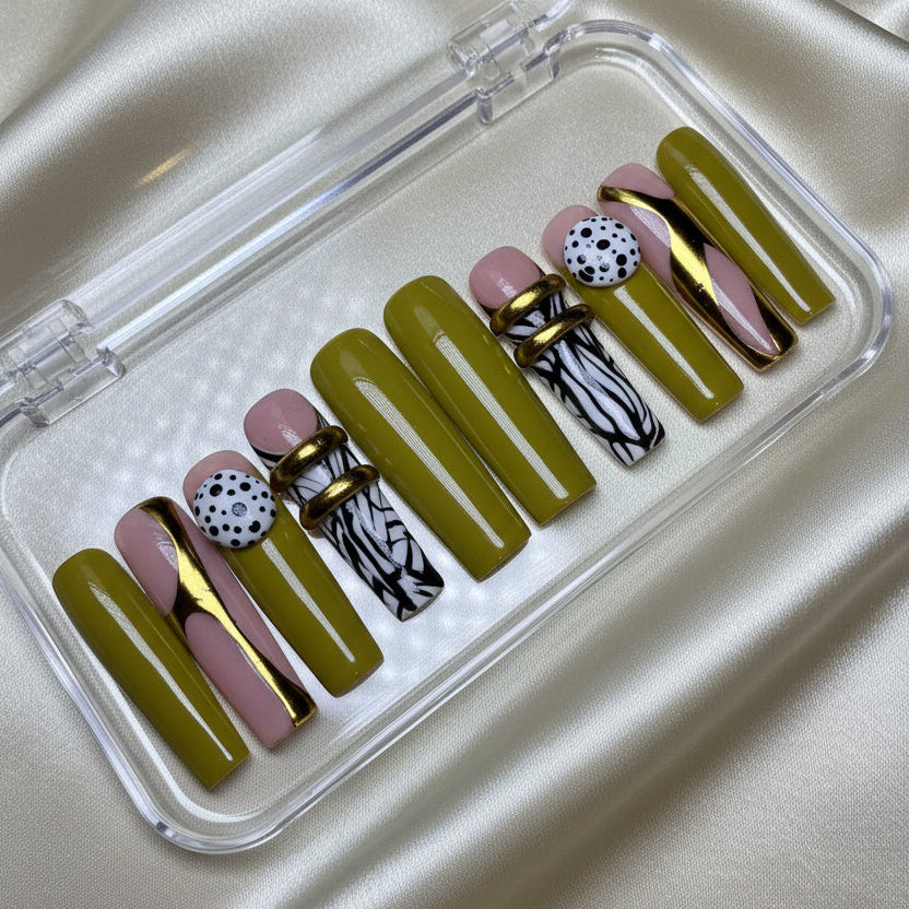 Groovy Nights (MTO) - Olive, Nude & Gold Luxury Soft Gel Press-On Nails Set