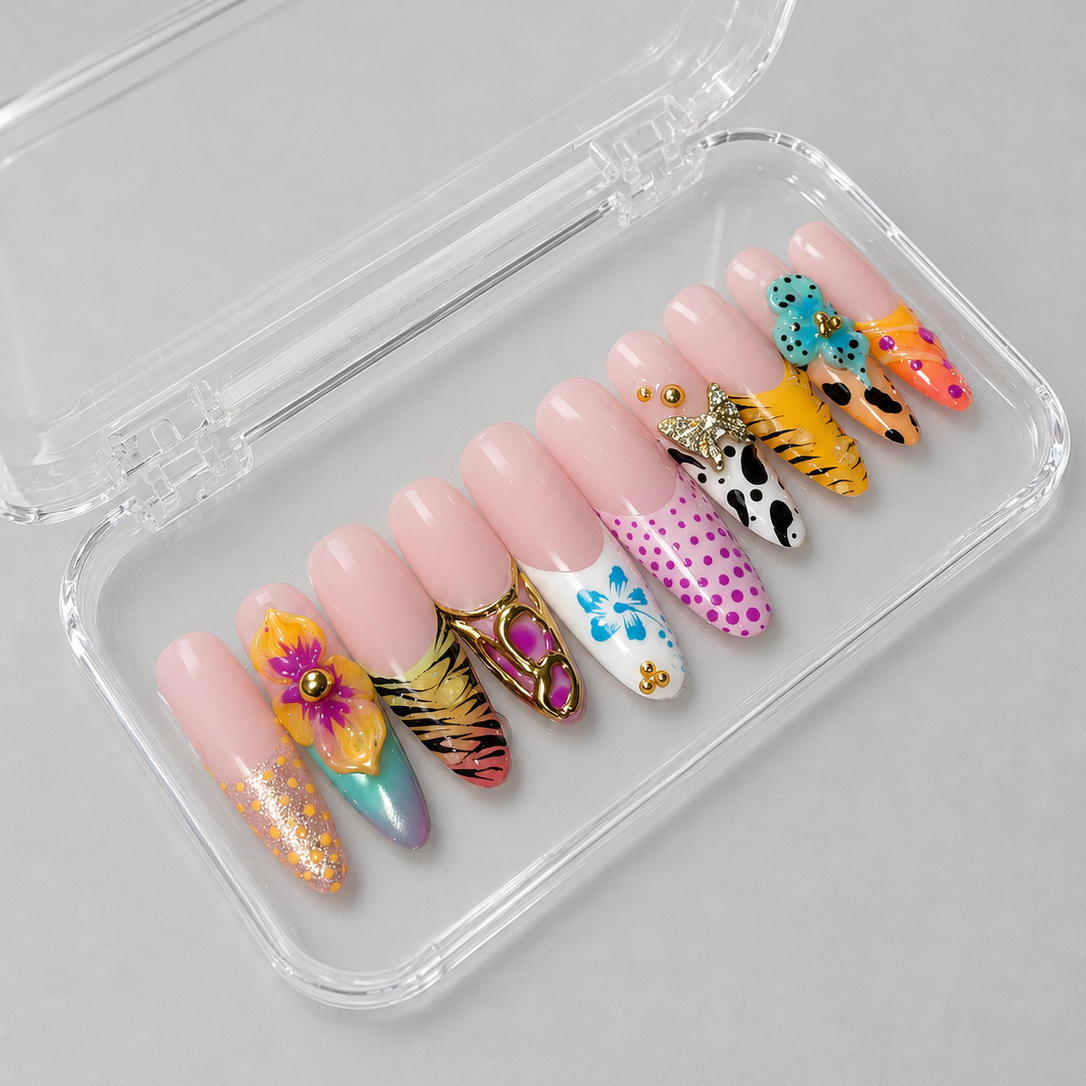 Paradise Pop (RTS) - Tropical Print Luxury Soft Gel Press-On Nails Set