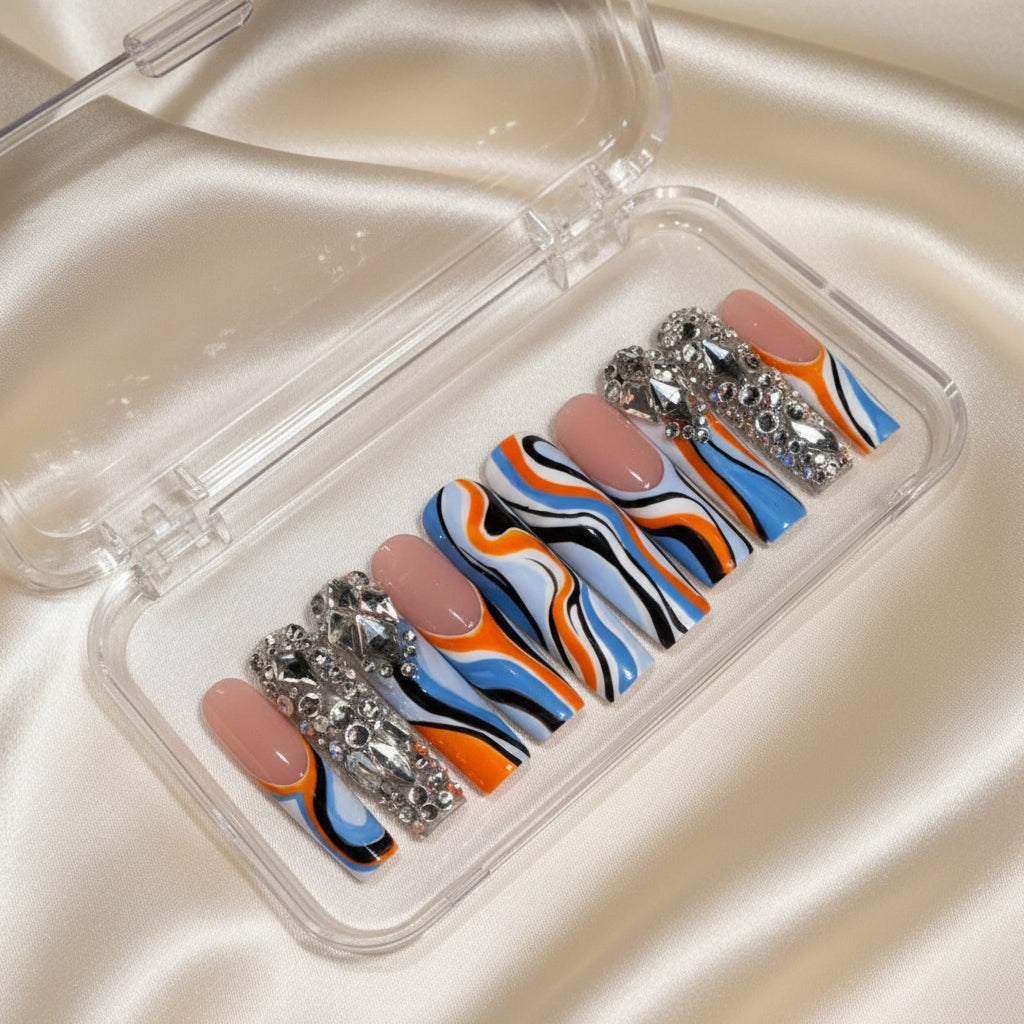 Pressure Print (RTS) – Pucci‑Inspired Ready‑to‑Ship Press‑On Nails | Handmade Soft Gel | XL Tapered Square