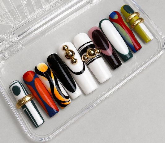 Fine Shyt (MTO) – Abstract Black, White & Gold Luxury Soft Gel Press-On Nails Set