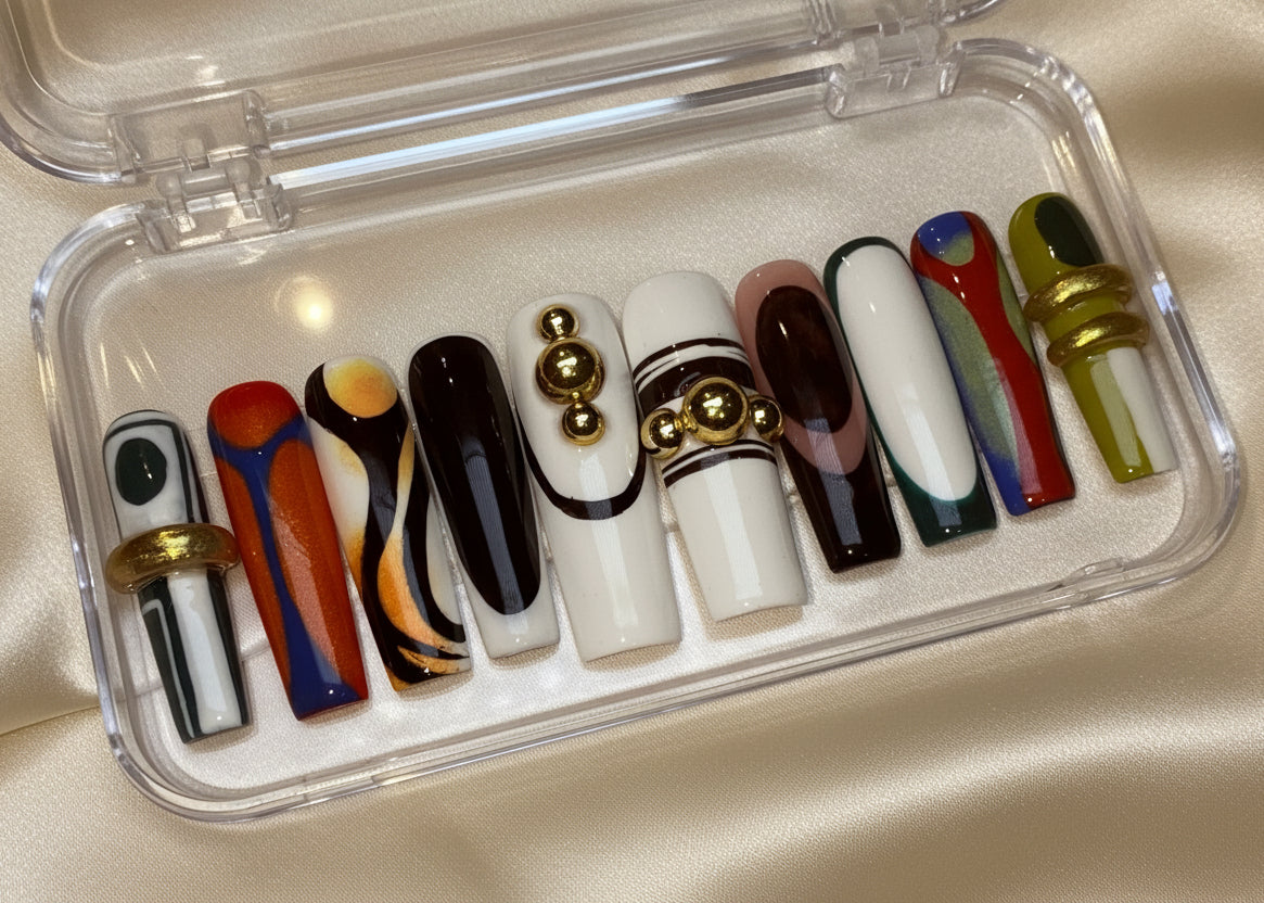 Fine Shyt (MTO) – Abstract Black, White & Gold Luxury Soft Gel Press-On Nails Set