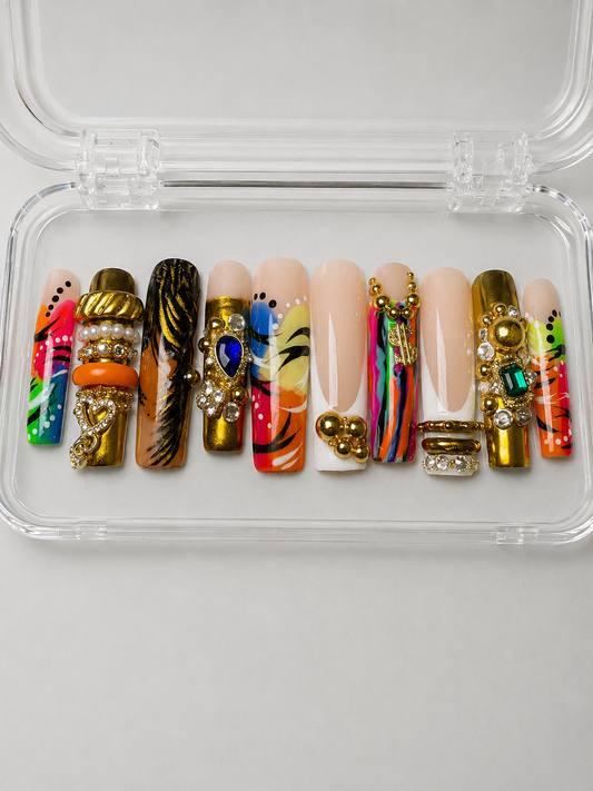 Flyy Girl (MTO) – Gold Chrome, Crystal Embellished Luxury Soft Gel Press-On Nails Set