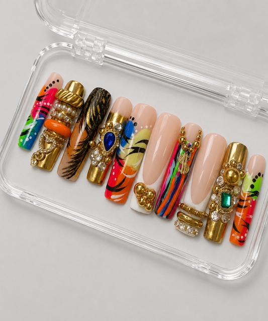 Flyy Girl (MTO) – Gold Chrome, Crystal Embellished Luxury Soft Gel Press-On Nails Set