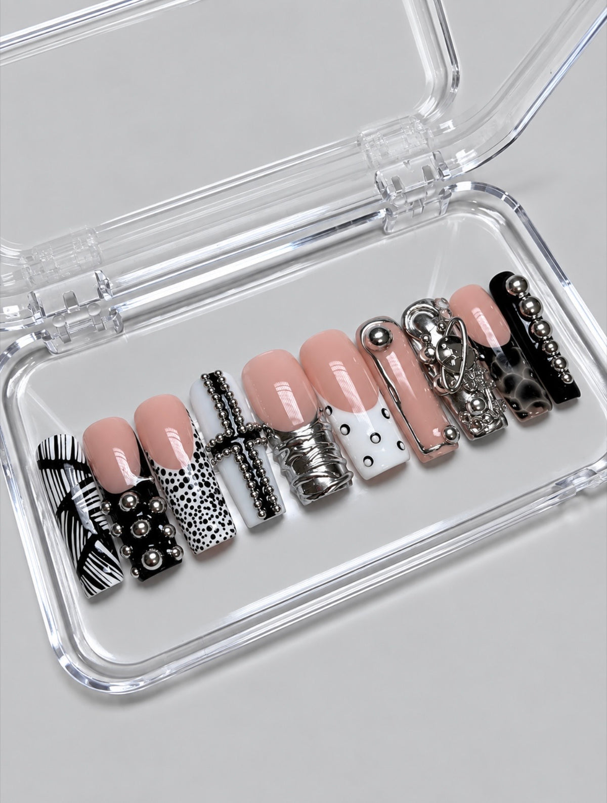 Give Me Space (MTO)  – Smoky Grey, Black & Metallic Luxury Soft Gel Press-On Nails Set