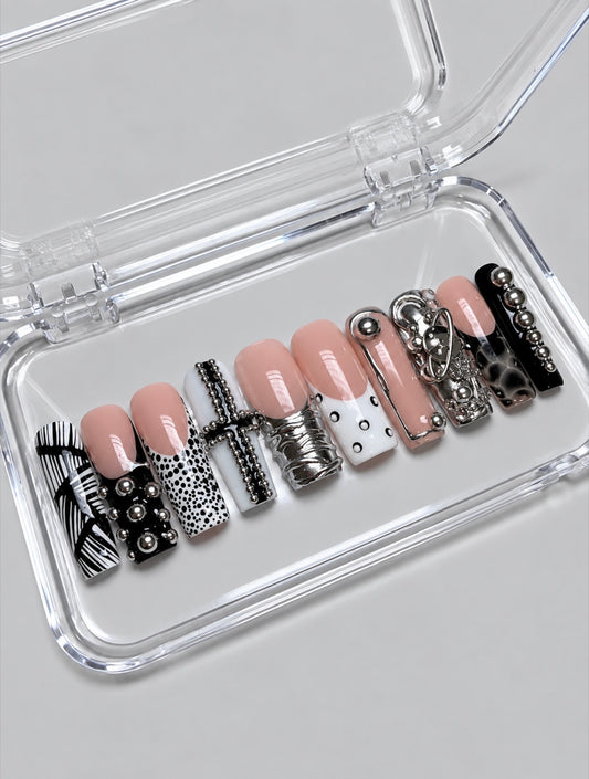 Give Me Space (MTO)  – Smoky Grey, Black & Metallic Luxury Soft Gel Press-On Nails Set