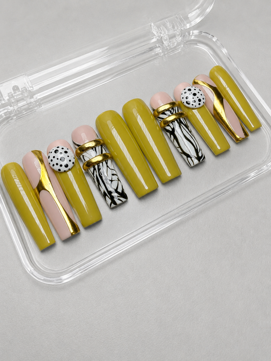 Groovy Nights (MTO) - Olive, Nude & Gold Luxury Soft Gel Press-On Nails Set
