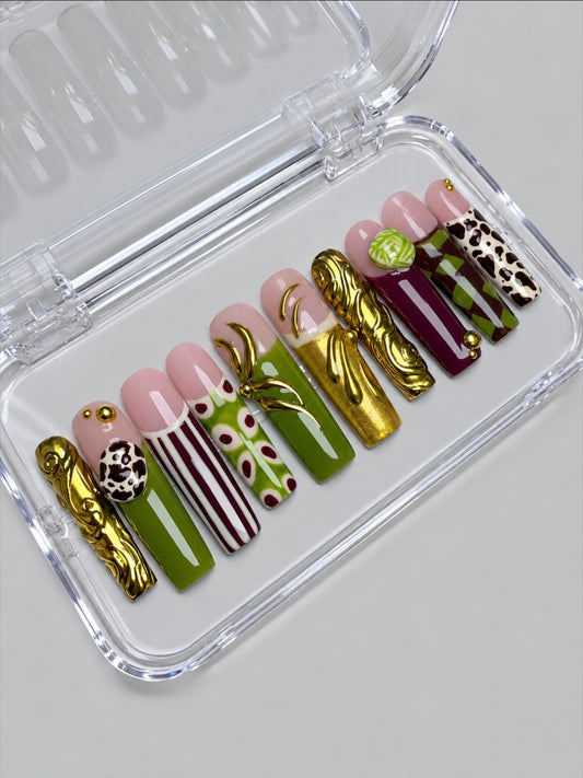 Olive & Merlot (MTO) - Olive Green & Burgundy Luxury Soft Gel Press-On Nails Set