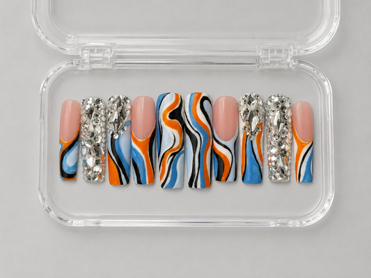 Pressure Print (RTS) – Pucci‑Inspired Ready‑to‑Ship Press‑On Nails | Handmade Soft Gel | XL Tapered Square