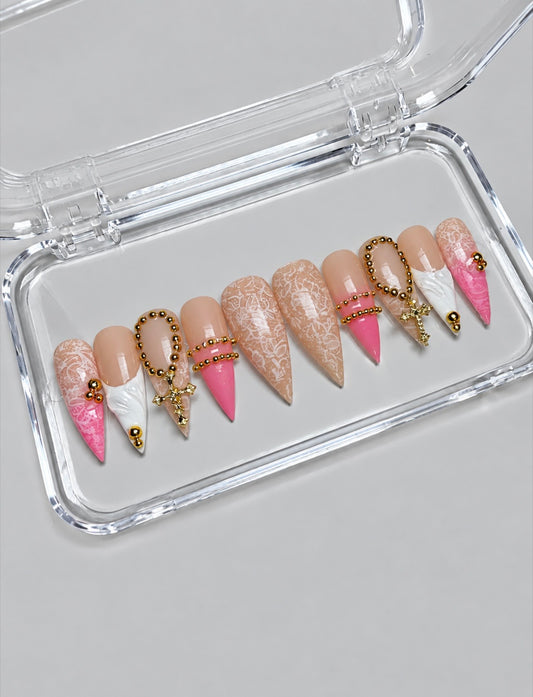 Sunday (RTS) - Nude, Pink & Lace Luxury Soft Gel Press-On Nails Set