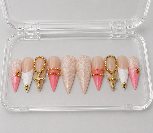 Sunday (RTS) - Nude, Pink & Lace Luxury Soft Gel Press-On Nails Set