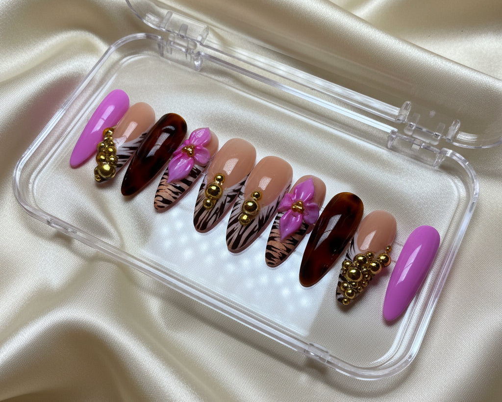 Sweet N’ Fierce (MTO) – Pink, Tortoiseshell & Gold Luxury Soft Gel Press-On Nails Set