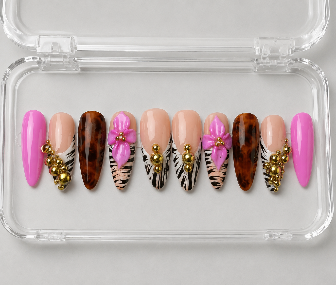 Sweet N’ Fierce (MTO) – Pink, Tortoiseshell & Gold Luxury Soft Gel Press-On Nails Set