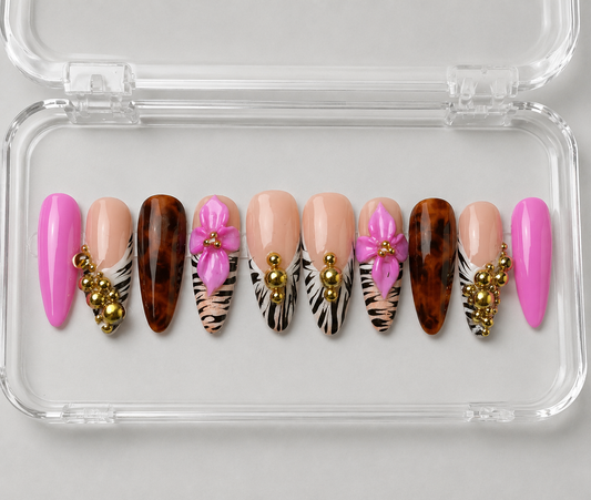 Sweet N’ Fierce (MTO) – Pink, Tortoiseshell & Gold Luxury Soft Gel Press-On Nails Set