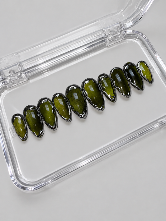 Olive Obsession (MTO) - Olive Green Chrome Luxury Soft Gel Press-On Nails Set